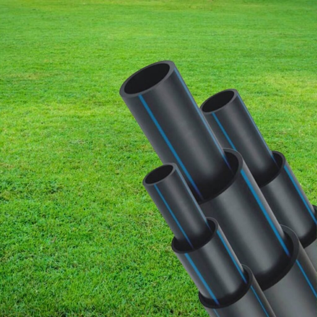 An array of HDPE pipes and HDPE coil pipes stacked neatly